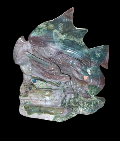 hand carved Ocean Jasper Dragon sitting on the steps. WOW! look at all the detail in the dragon. Absolutely breathtaking.