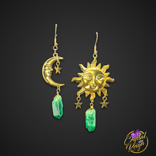 Green Aura Quartz Sun Moon Stars Dangle Earrings